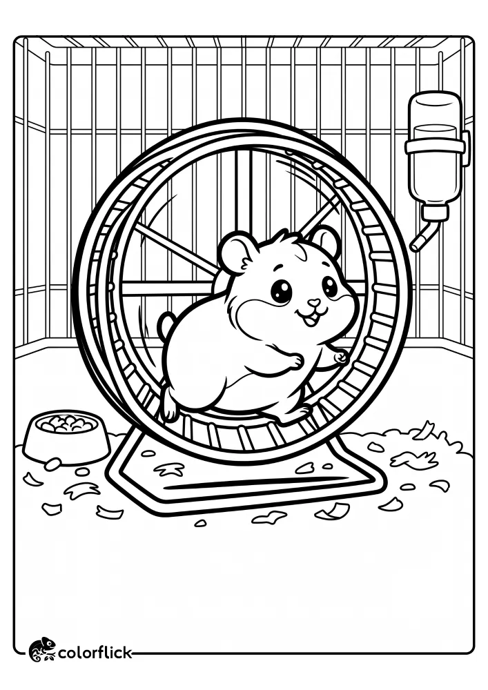 A printable coloring page for kids featuring a joyful hamster happily running on an exercise wheel inside a wire cage, alongside a water dispenser and food dish.