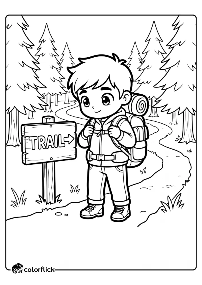 A free printable coloring sheet featuring a young boy hiker with a large backpack standing next to a wooden trail sign in a pine tree forest.