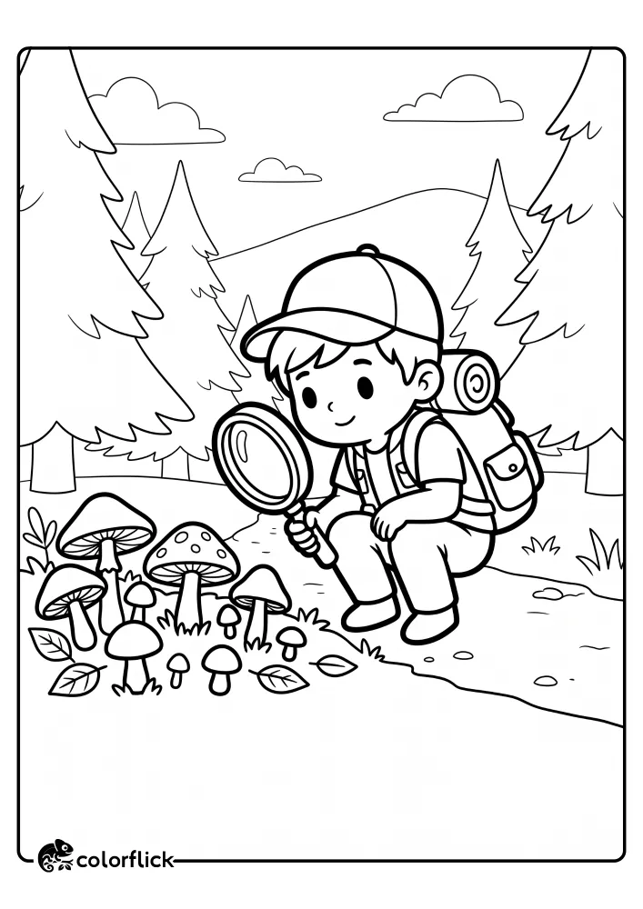 A little boy hiker with a backpack crouches down to look at wild mushrooms through a magnifying glass on a forest trail in this free printable coloring sheet.