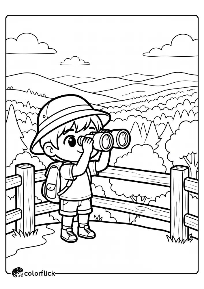 A young hiker looks through binoculars at a scenic overlook with distant hills and forests, a free printable coloring sheet.
