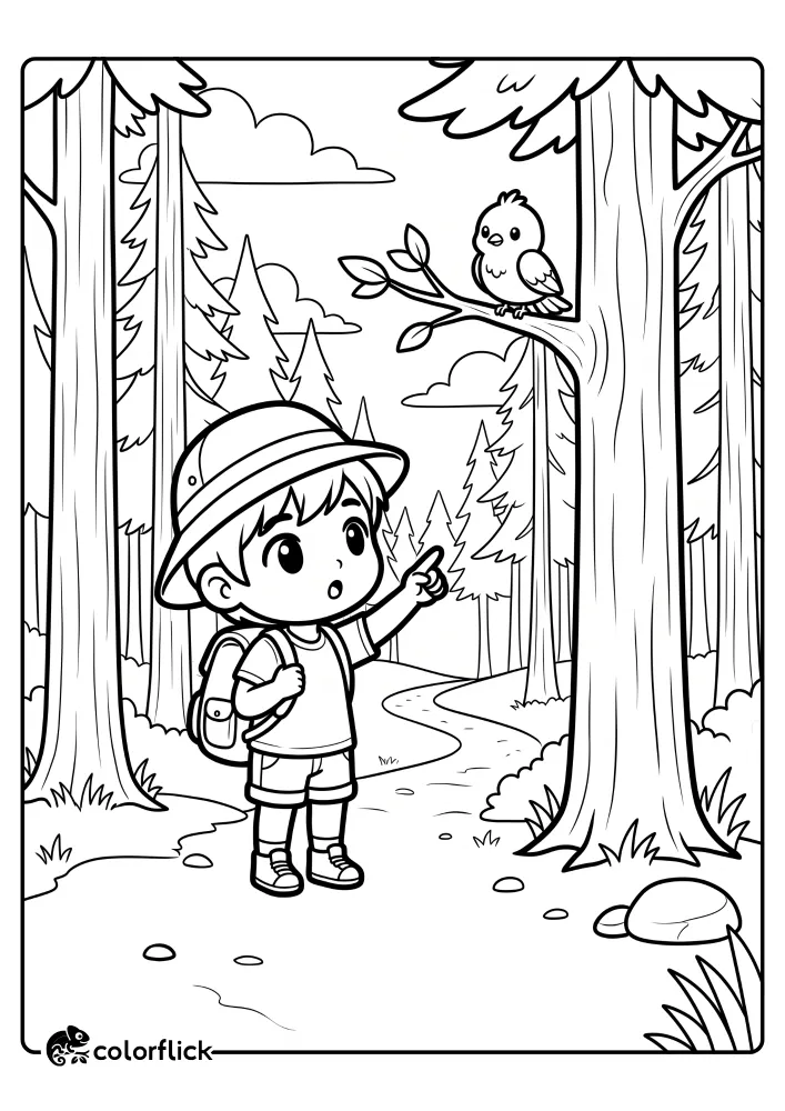 A young hiker in a sun hat points up at a bird perched in tall pine trees in this fun printable coloring page for kids.