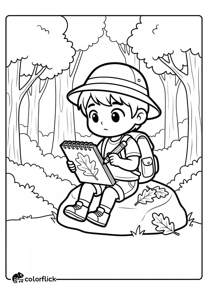 A young hiker sits on a large rock in the forest and sketches a leaf in a notebook, a fun printable coloring page for kids.