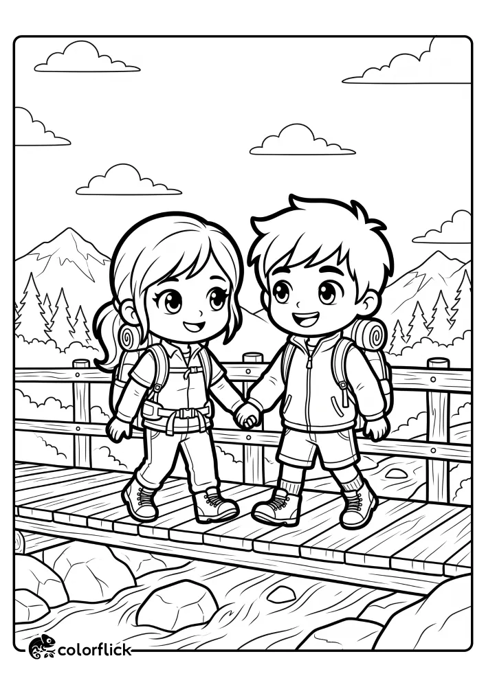 A cute printable coloring page for kids showing a smiling boy and girl holding hands as they cross a wooden mountain bridge with backpacks and hiking boots, over a river, with mountains and pine trees in the background.