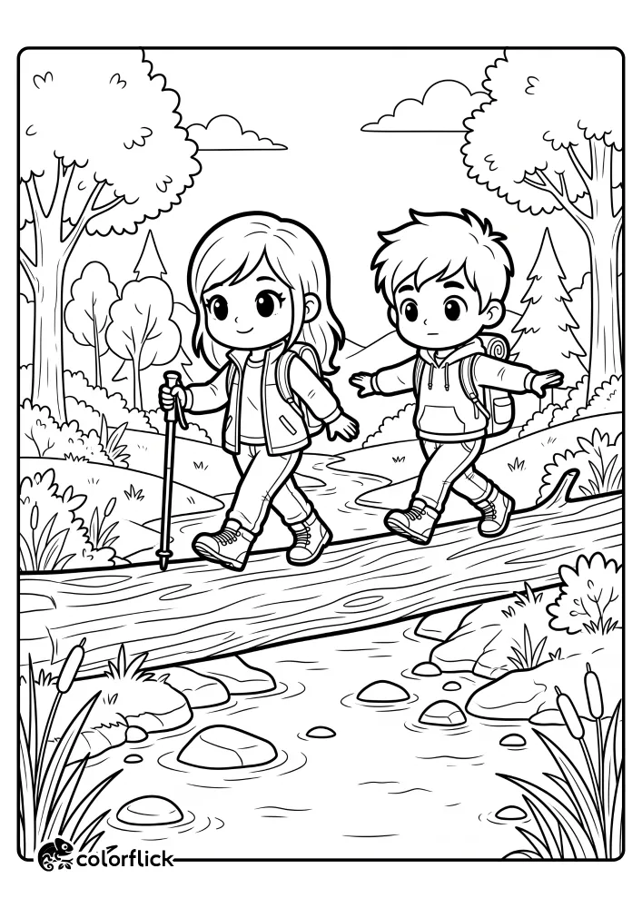 A printable coloring page for kids featuring a young girl and boy hiker carefully balancing as they cross a narrow, rocky creek on a fallen log bridge in the forest.