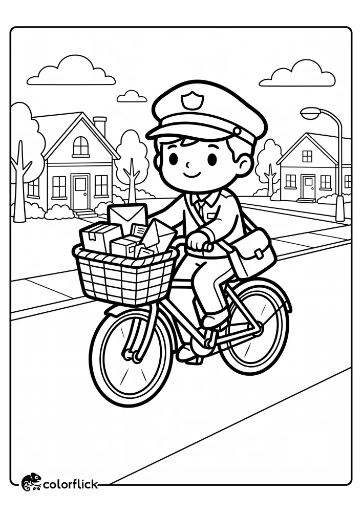 A friendly mail carrier riding a bicycle with a full basket of letters and packages on a neighborhood street, printable coloring page for kids.