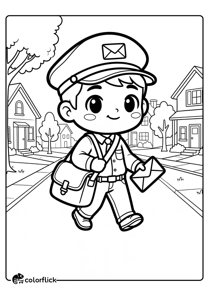 A cheerful mail carrier in a cap holding a mailbag and an envelope walks down a neighborhood sidewalk, printable coloring page for kids.