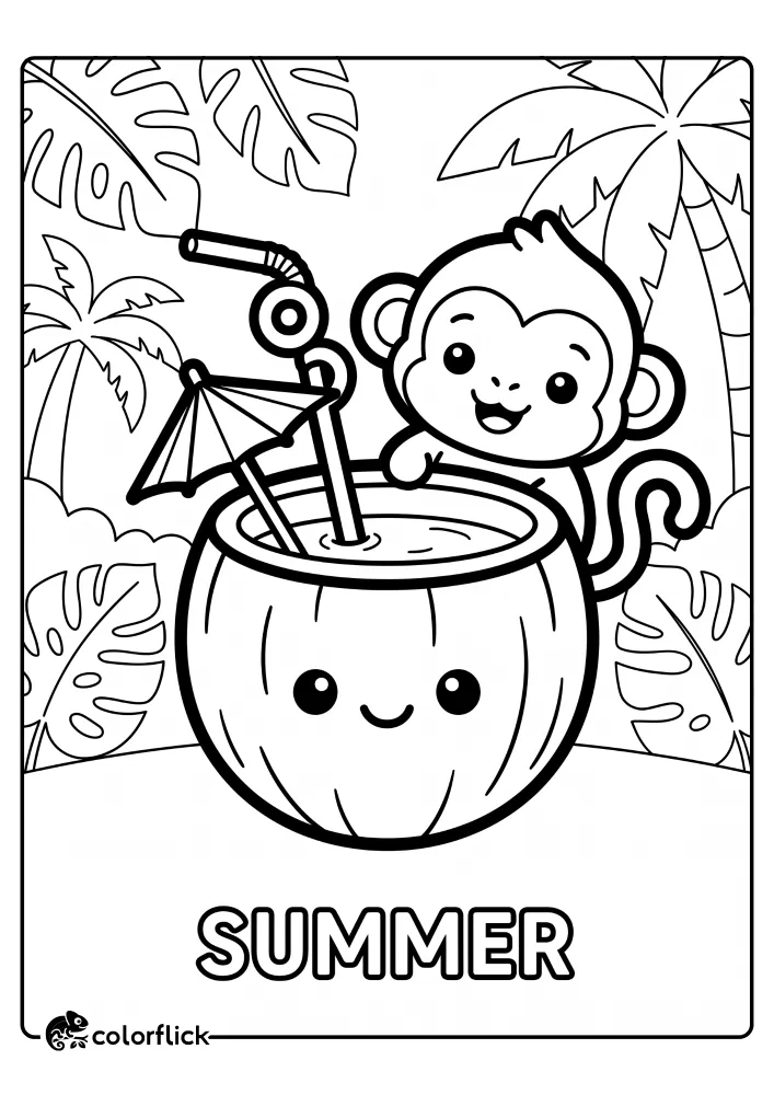 A printable coloring page for kids featuring a cute smiling monkey popping out from behind a coconut shell drink. The tropical scene includes a curly straw, a tiny paper umbrella, palm trees, and monstera leaves in simple line art, with the text 'SUMMER' at the bottom.