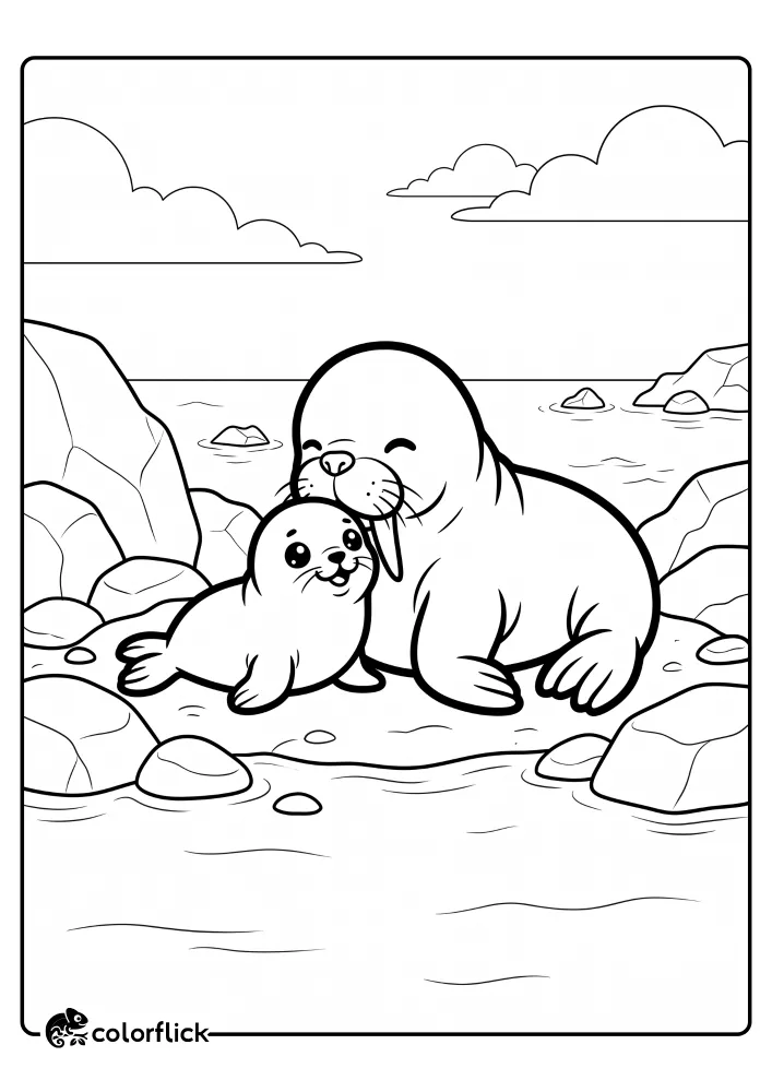 A printable coloring page for kids featuring a large mother walrus with visible tusks gently nuzzling her small, cute baby pup. They are sitting together on a rocky arctic shoreline with a sea and clouds in the background, ready to be colored.