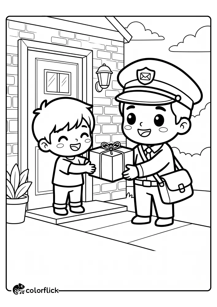 A printable coloring page for kids showing a friendly mail carrier in uniform handing a tied gift box to a happy young boy at the entrance of a house.
