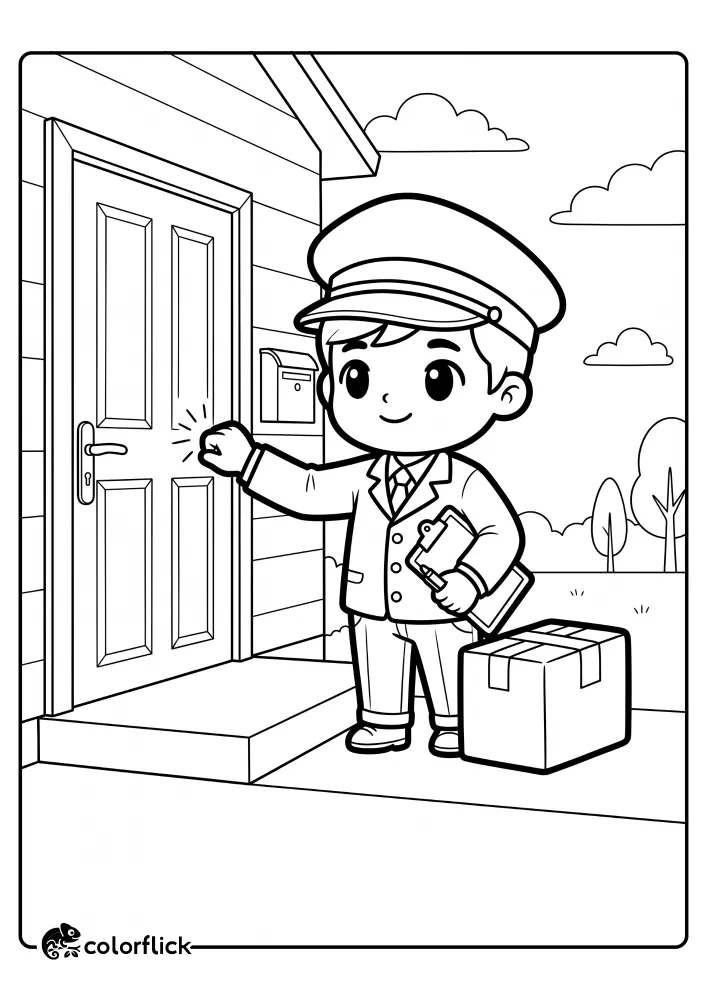 A printable coloring page for kids showing a cute postman in uniform knocking on a house door while holding a clipboard, with a large parcel on the step.