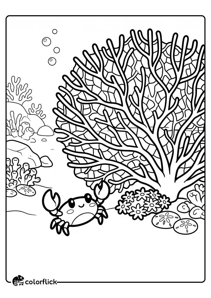 A friendly crab stands on the seafloor next to a large sea fan coral, sand dollars, and various underwater plants in a printable coloring page for kids.