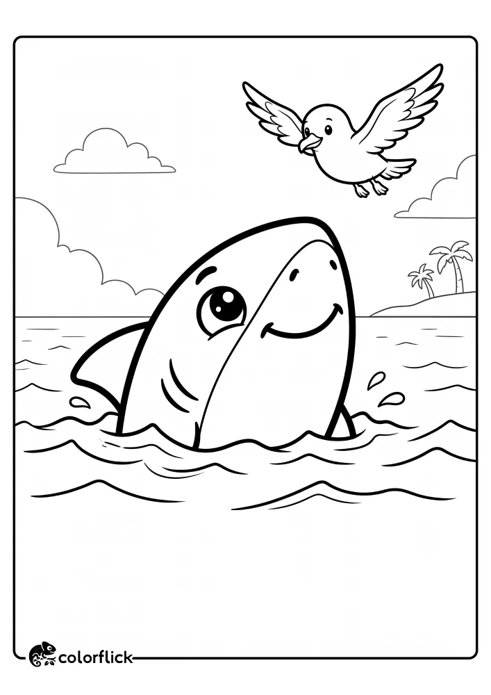 A friendly cartoon shark pops its head out of the ocean water, looking up at a smiling seagull flying in the sky with clouds and a distant island, a perfect printable coloring page for kids.