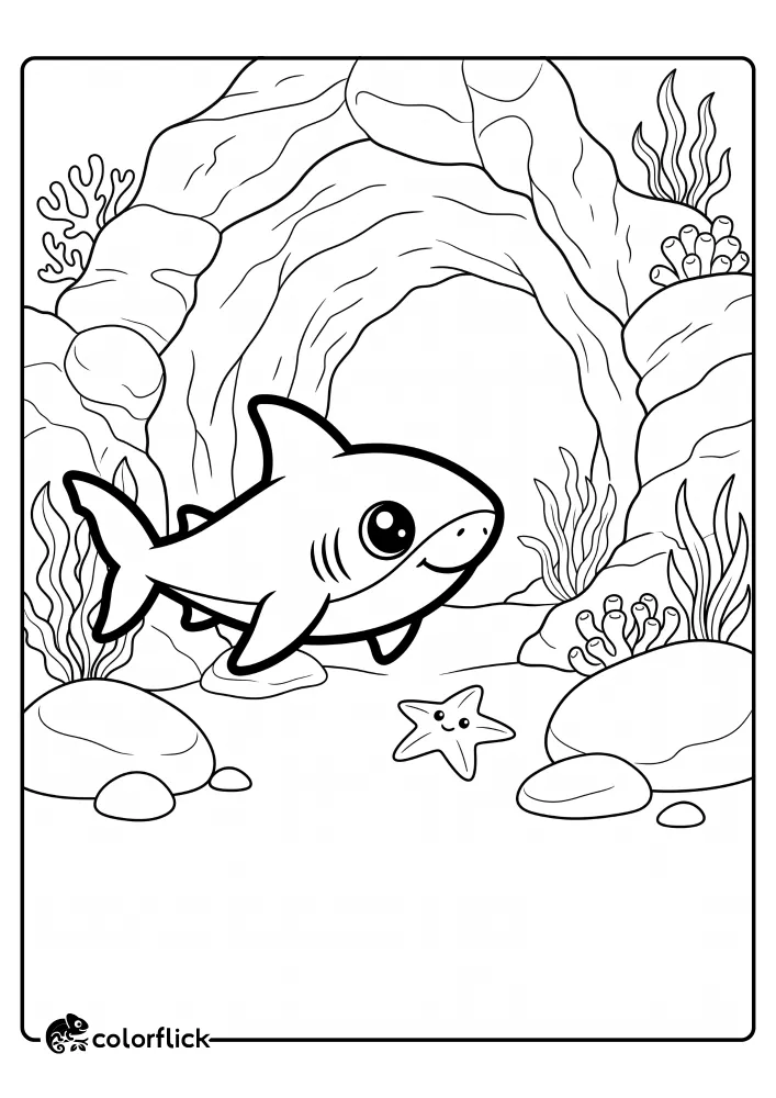A happy cartoon shark swimming through an underwater cave full of smooth stones and coral with a starfish, a printable coloring page for kids.