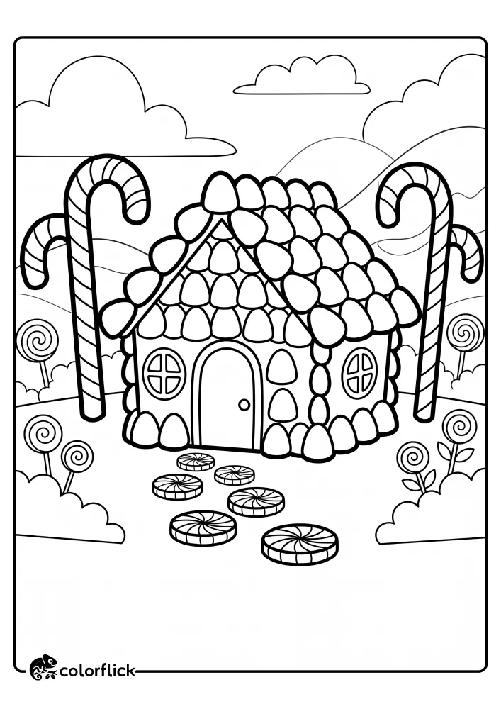 An easy printable gingerbread house coloring page for kids, featuring a sweet cottage with candy cane trees, lollipops, and peppermint stepping stones in a whimsical candy land landscape.