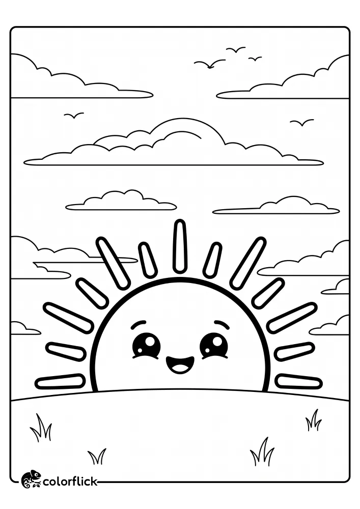 A peaceful printable coloring page for kids featuring a happy smiling sun rising over a simple grassy hill with calm clouds and flying birds in the sky.