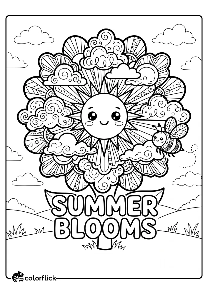 A detailed sunflower mandala featuring a smiling sun center, patterned clouds, and a cute bee, above the large text 'SUMMER BLOOMS'. A simple landscape grounds the scene in this printable coloring page for kids with clean line art.