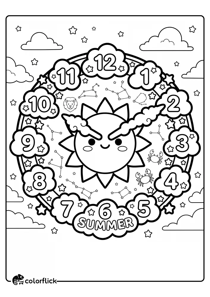 A printable coloring page for kids featuring a large smiling sun at the center of a circular summer-themed clock. Numbered clouds from 1 to 12 with small stars surround the sun, along with little constellations like a lion for Leo and a crab for Cancer. The words 'SUMMER' and 'SUMMER TIME' are included as fun details to color.