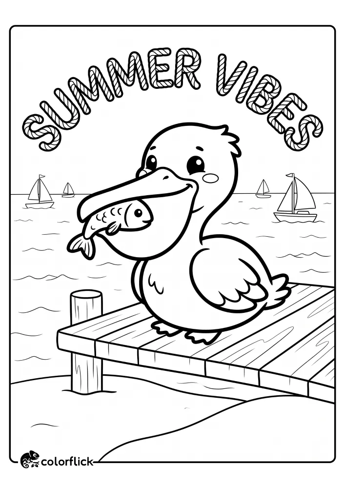 A printable coloring page for kids showing a cute, chubby pelican perched on a wooden dock pier with a fish in its beak, and sailboats floating on the ocean, under the text 'SUMMER VIBES'.
