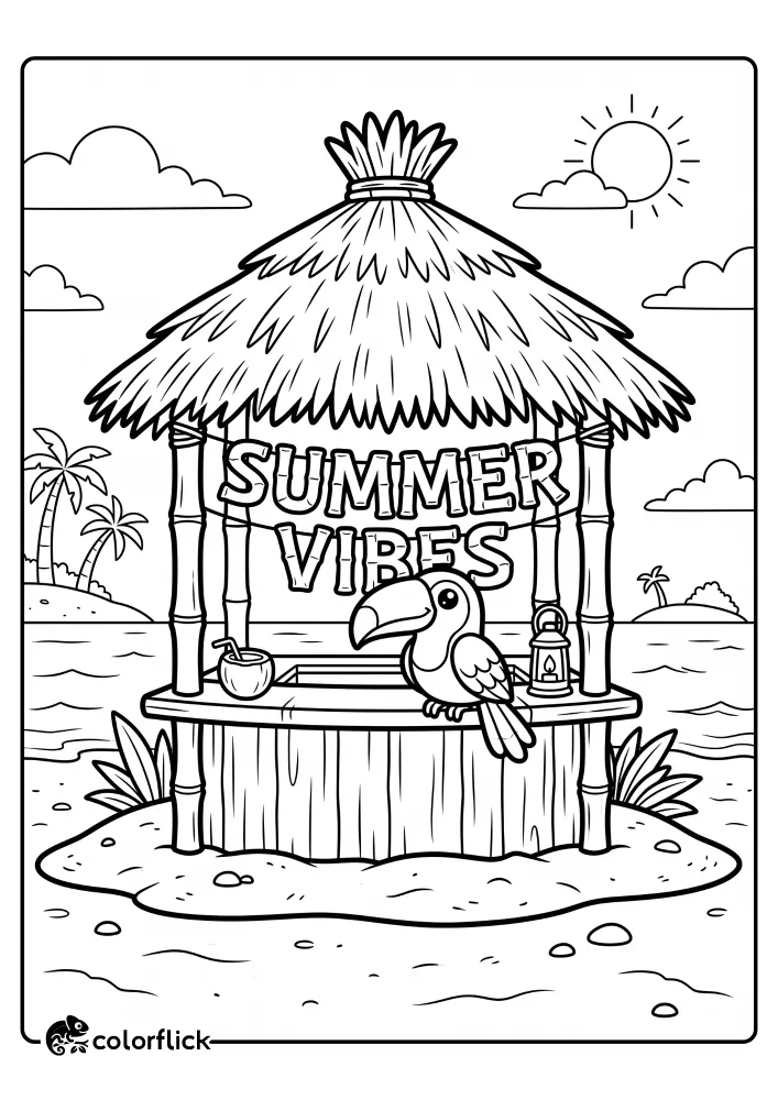 A printable coloring page for kids featuring a tropical tiki hut on a sandy island, a cute toucan sitting on the counter, and a bamboo 'Summer Vibes' banner.