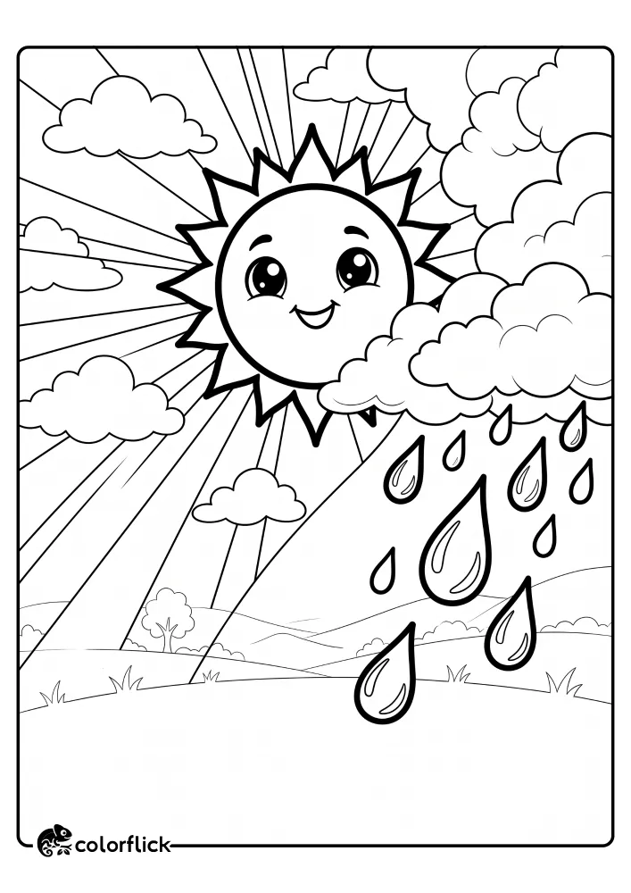 A printable coloring page for kids featuring a large smiling sun with rays and cute rain clouds dropping big raindrops over a rolling hill landscape.