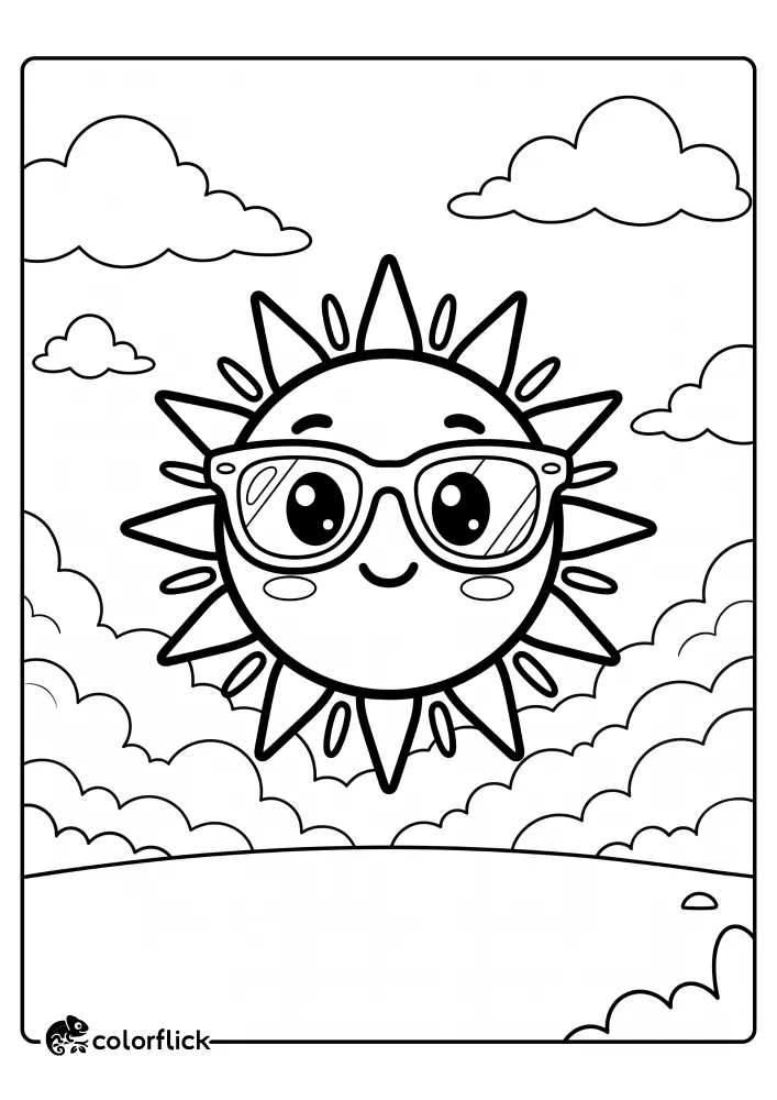 A cheerful cartoon sun with sunglasses smiling in a sky filled with fluffy clouds, presented as a free printable coloring page for kids to enjoy and color.