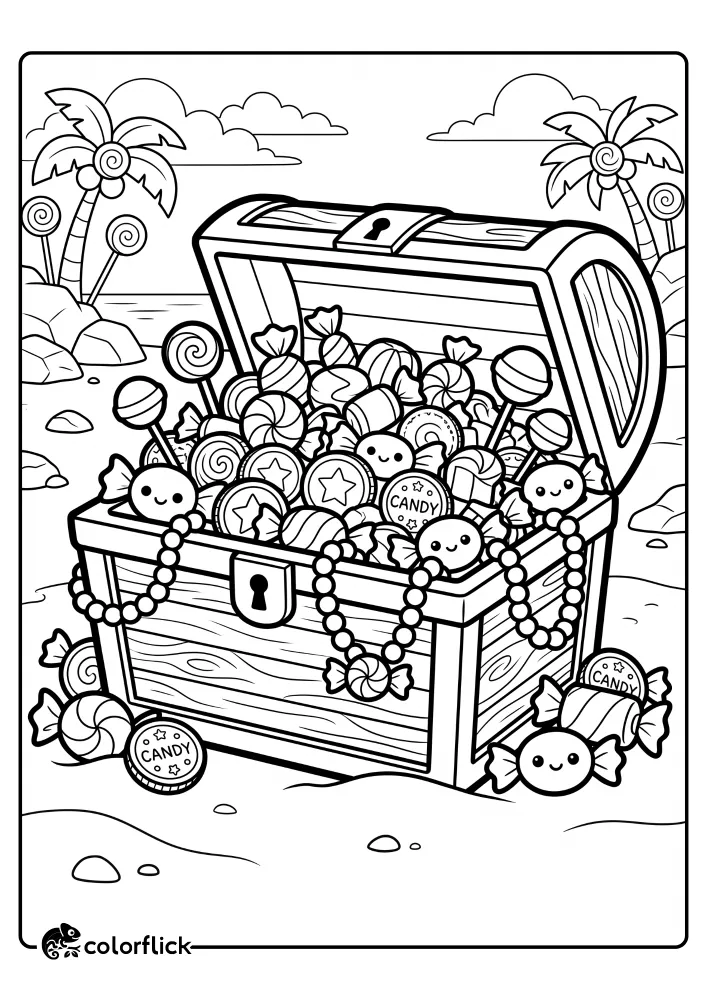 A free printable coloring sheet featuring a large wooden treasure chest overflowing with wrapped candies, lollipops, candy coins, and beaded candy necklaces on a sunny beach.
