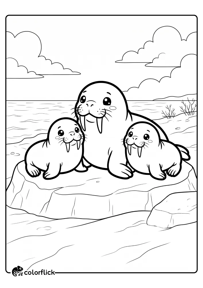 A free printable coloring sheet featuring a family of three cute walruses with small tusks resting together on a coastal rock near the ocean water.