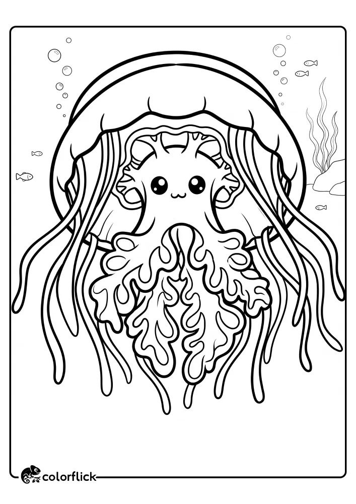 A free printable coloring sheet showing a unique underside view of a smiling jellyfish, highlighting its central mouth parts and flowing tentacles surrounded by tiny ocean fish and bubbles.