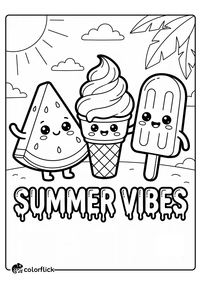A printable coloring page for kids featuring a smiling watermelon slice, an ice cream cone, and a popsicle standing cheerfully together under a bright sun, with the text 'SUMMER VIBES' in bold melting letters.