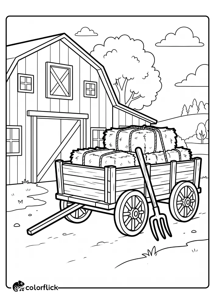 A printable coloring page for kids featuring a classic wooden farm wagon filled with stacked square hay bales, parked next to a large barn with a pitchfork leaning against its side on a sunny farm.