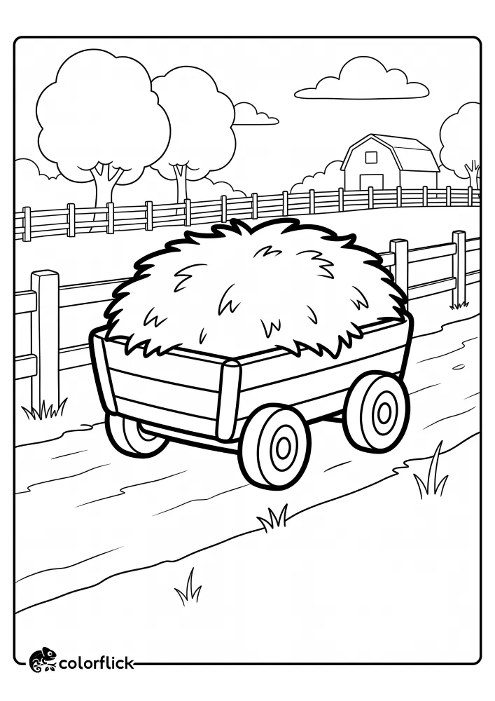 A wooden farm wagon overflowing with a large mound of loose hay parked on a dirt path near a long fence and a barn, featured as a free printable coloring sheet.