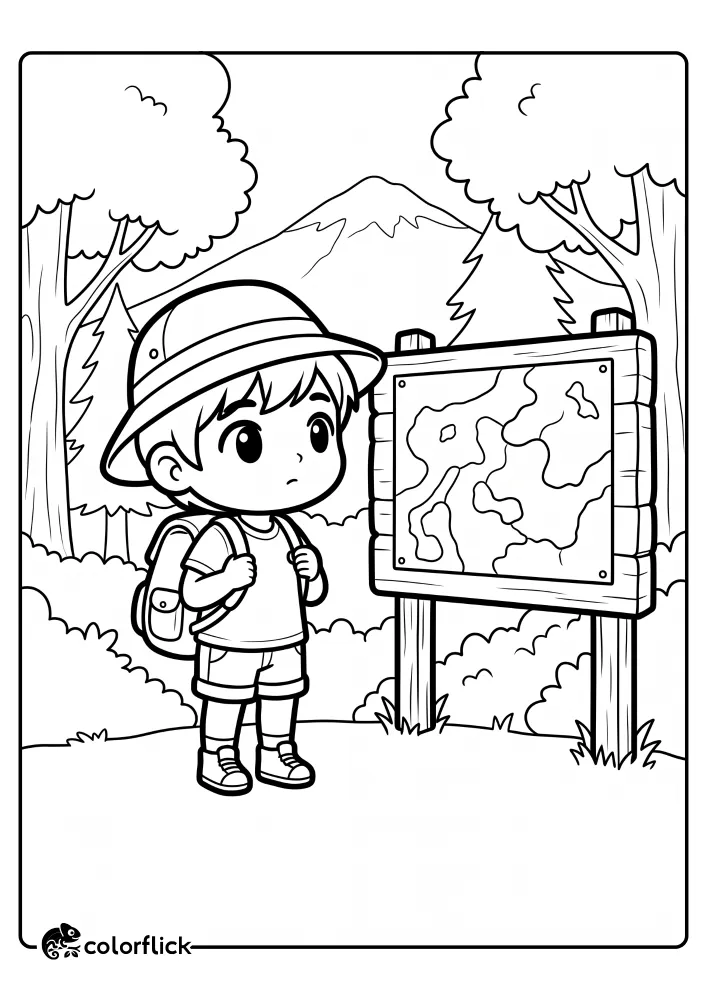 A young hiker wearing a sun hat and backpack looks at a large wooden map sign at a forest trailhead, a simple printable coloring page for kids.