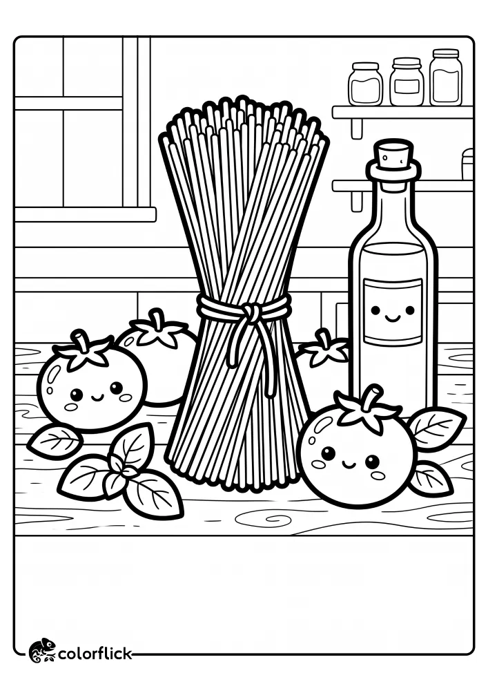 A fun and easy line art drawing of a bundle of uncooked spaghetti tied with string surrounded by smiling tomatoes, fresh basil leaves, and an olive oil bottle on a kitchen table; this free printable coloring sheet is perfect for kids learning about food.