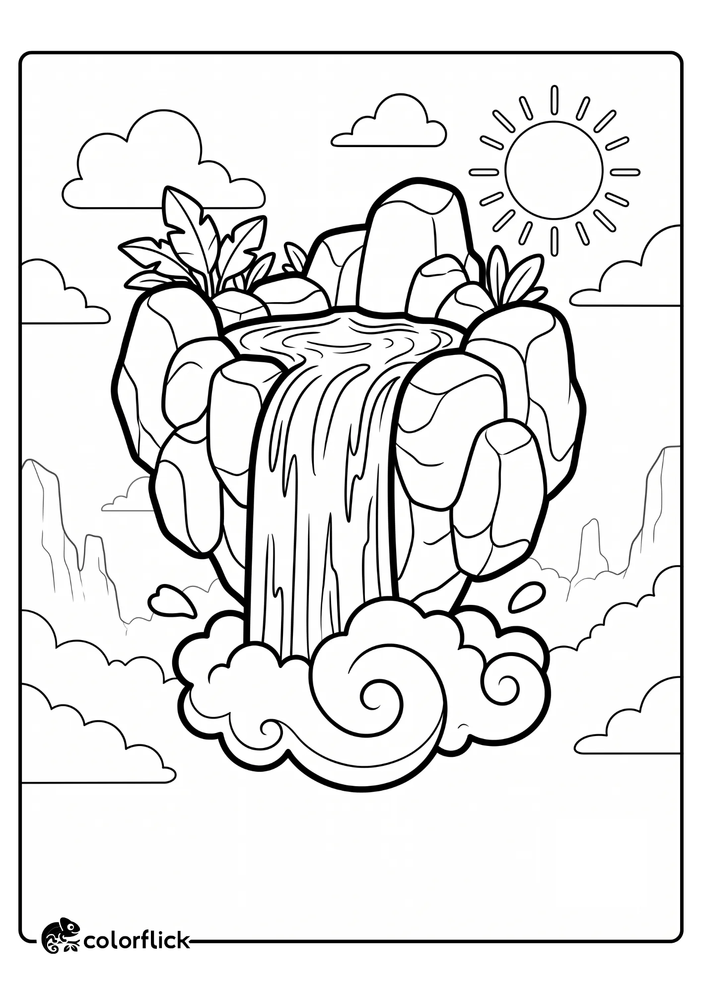 A scenic black and white printable coloring page for kids showing a unique floating rock island with a massive waterfall cascading from its center into a cloud of mist, featuring simple clouds and a sun in the background sky.