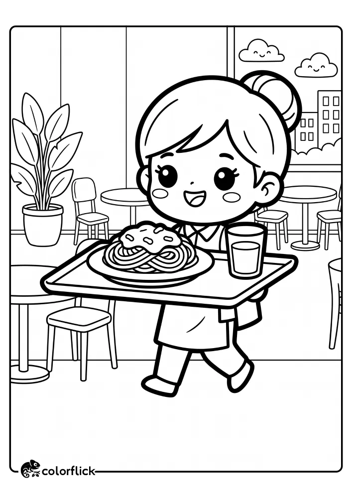 A free printable coloring sheet showing a cheerful server carrying a large tray with a delicious plate of spaghetti and a glass of water through a bright restaurant.