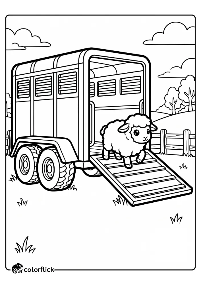 A printable coloring page for kids showing a cute sheep walking carefully up the lowered ramp into a large livestock trailer on a farm, complete with a fence, trees, and clouds in the background.