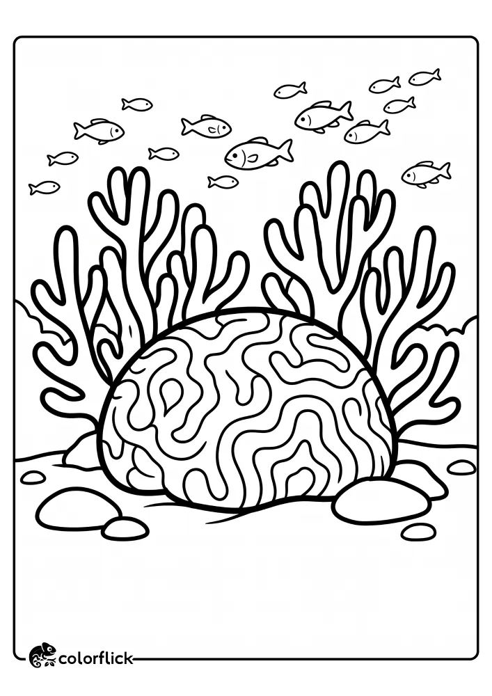 A simple black and white line art illustration of a large brain coral and branching corals on a sandy ocean floor with fish swimming above, perfect for a printable coloring page for kids.