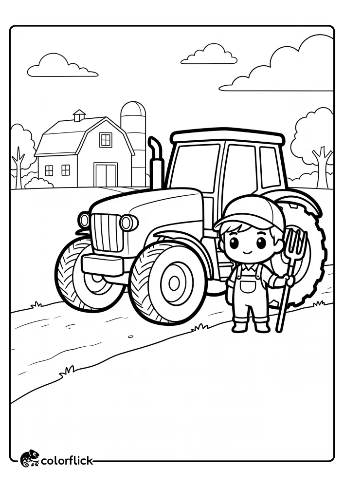 A printable coloring page for kids showing a smiling child in overalls holding a pitchfork next to a large farm tractor on a farm with a barn.