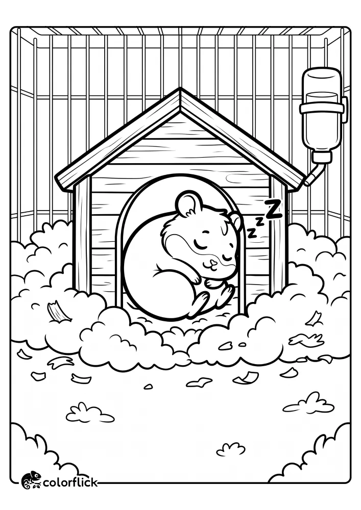 A black and white printable coloring page for kids showing a cute sleeping hamster curled up in a wooden cage house with a water bottle and fluffy bedding.