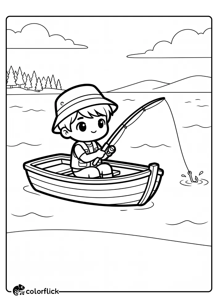 Printable coloring page for kids of a cheerful young boy in a bucket hat fishing from a rowboat, casting a line into a lake with rolling hills and trees in the background.