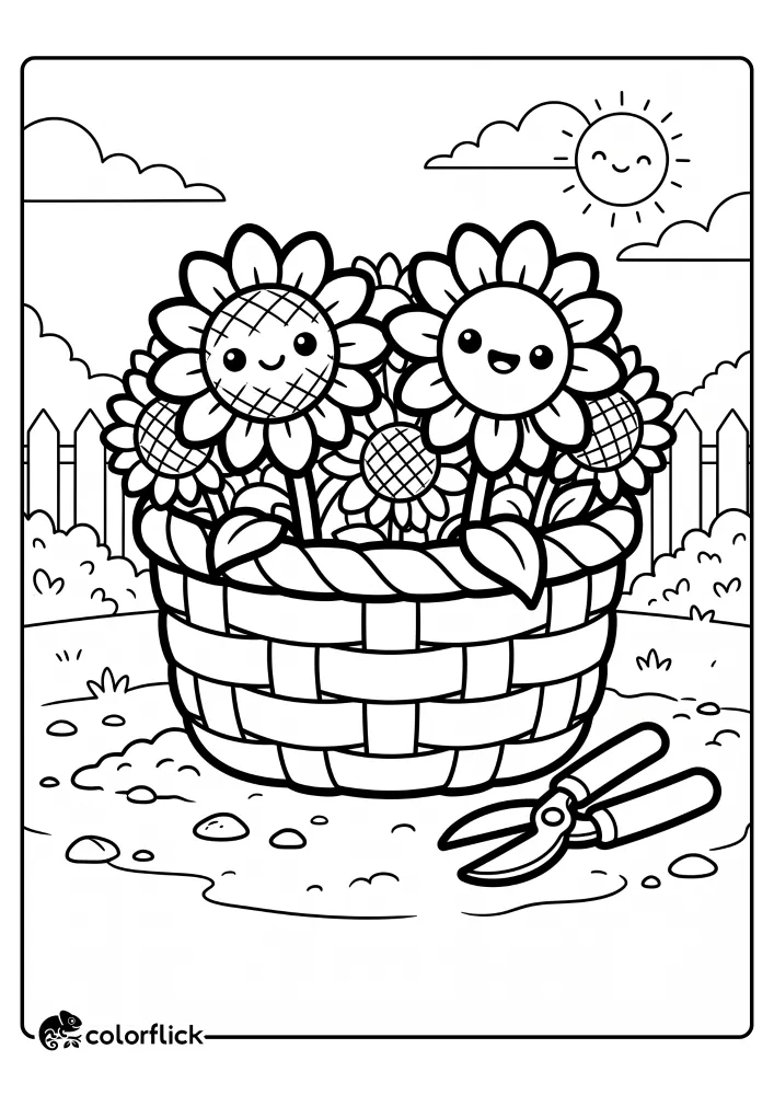 A woven basket overflowing with smiling happy-faced sunflowers in a garden with a picket fence and clippers on the ground, printable coloring page for kids.