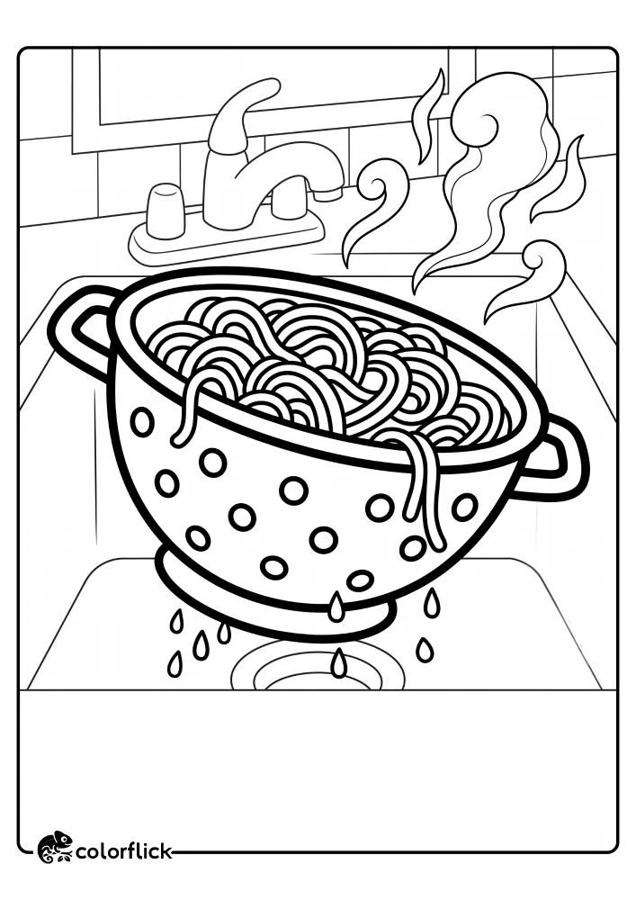 A detailed line art drawing of a large colander overflowing with steamed spaghetti sitting in a kitchen sink, with water dripping from the bottom holes into the drain; this printable coloring page for kids is perfect for kitchen-themed fun.