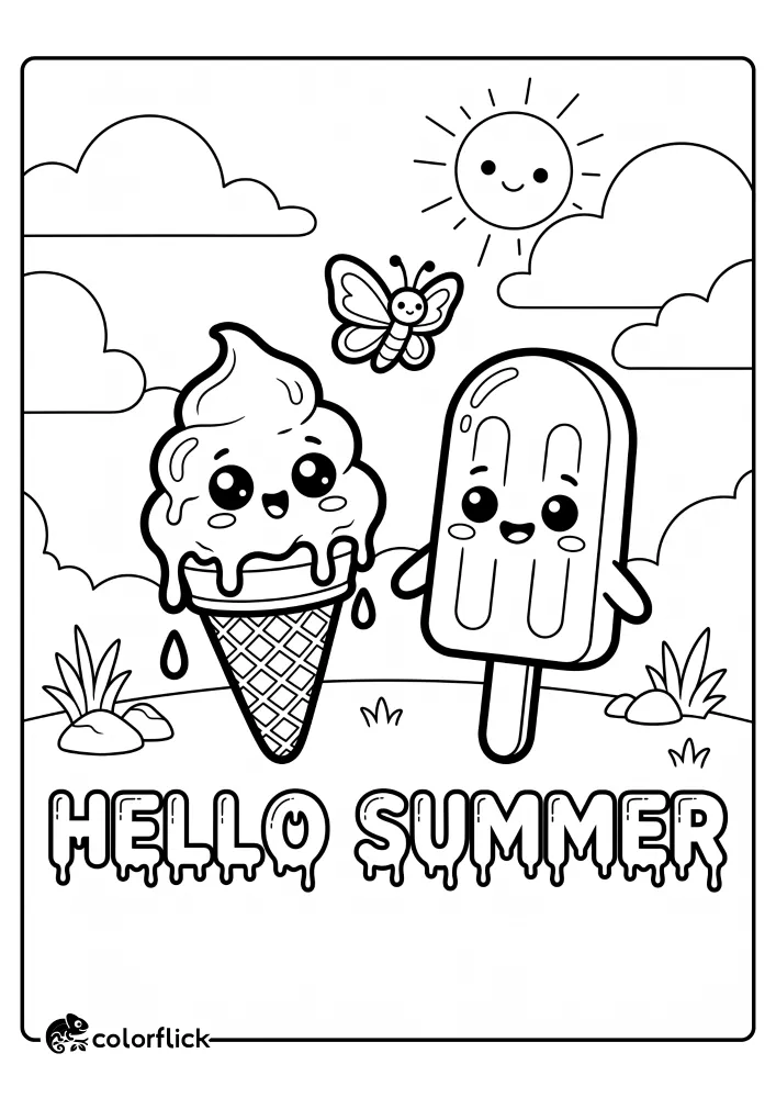 A cute coloring page of a smiling ice cream cone, a friendly popsicle character, and a butterfly under a sun, perfect for kids and toddlers, printable coloring page for kids.