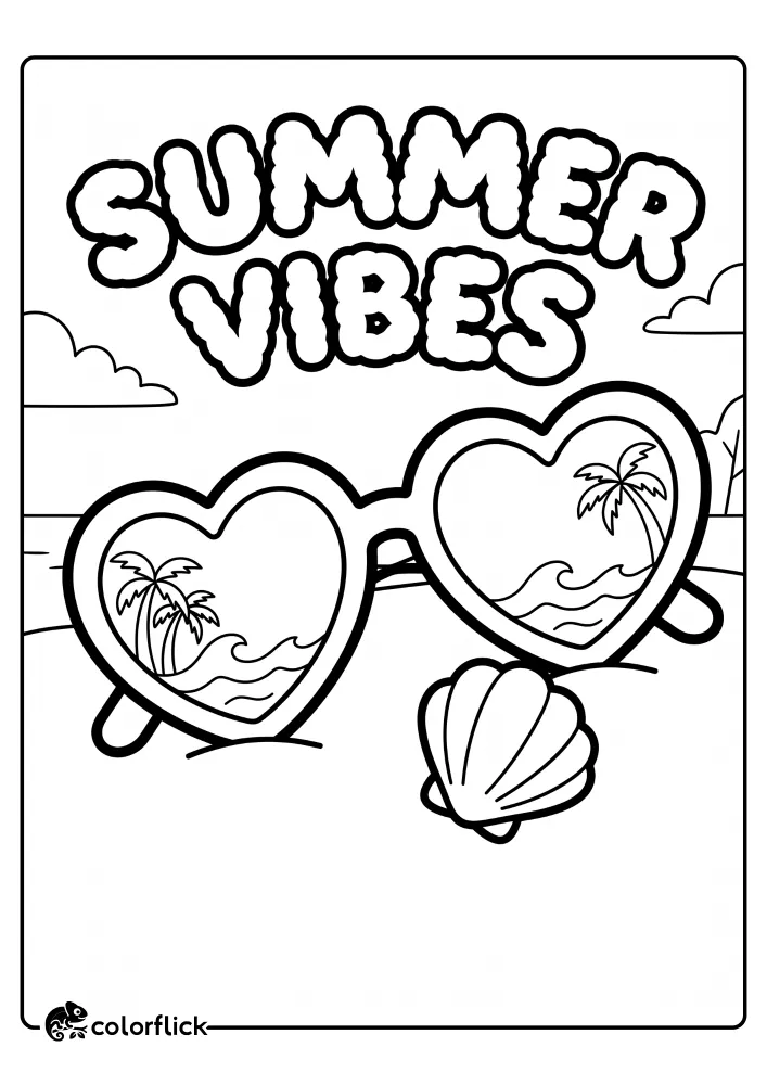 A printable coloring page for kids showing a pair of heart-shaped sunglasses reflecting a palm tree and beach scene in the lenses, with a seashell and the text "SUMMER VIBES" above them.