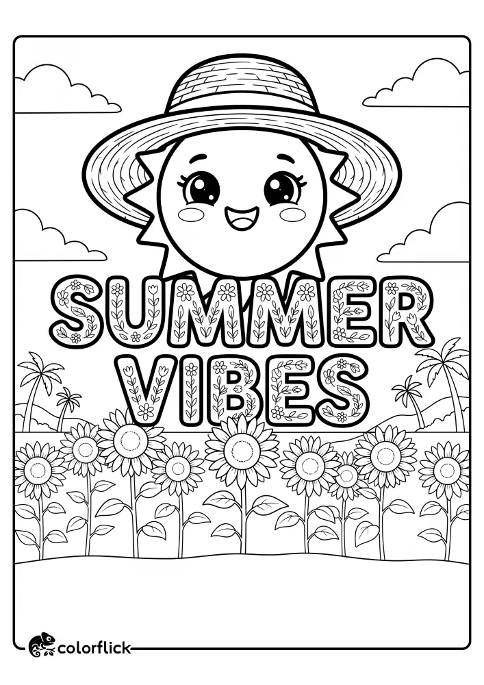 A friendly smiling sun wearing a straw hat is above text that says SUMMER VIBES and a field of sunflowers on this printable coloring page for kids.