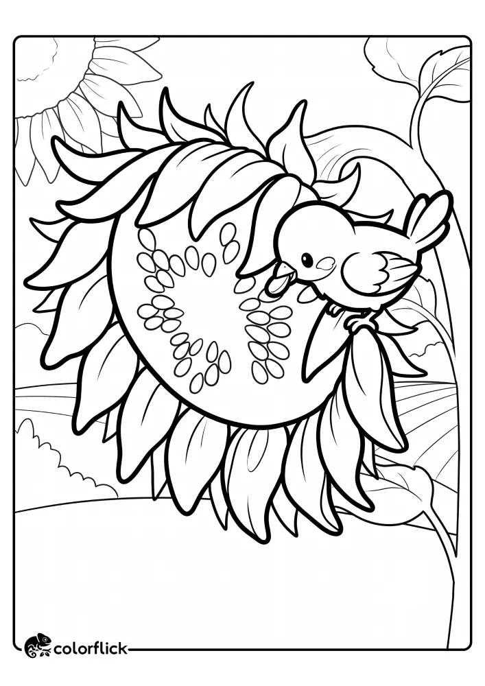 A simple printable coloring page for kids featuring a giant sunflower and a small bird picking a single seed from the flower head.