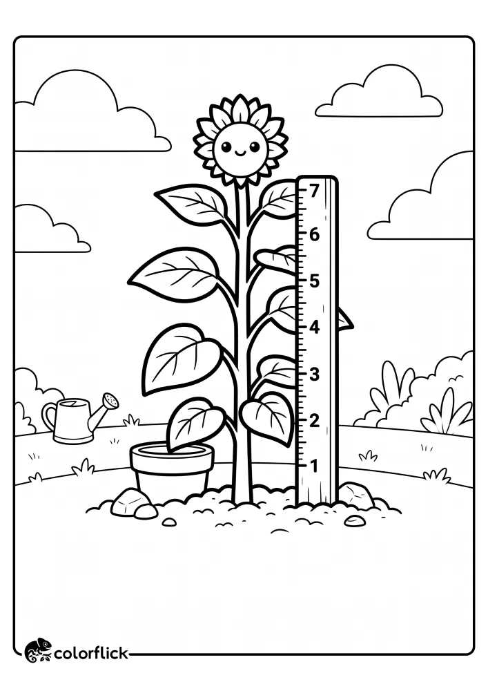A smiling young sunflower stalk with large leaves stands tall in the garden next to a wooden measuring stick showing growth numbers from 1 to 7, perfect printable coloring page for kids.