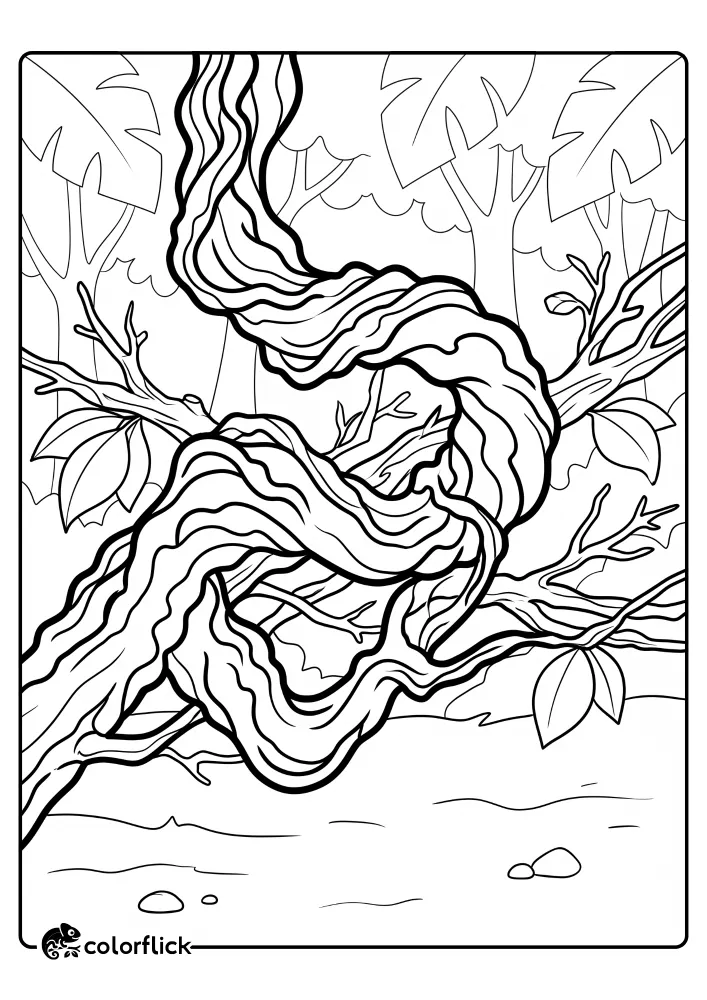A free printable coloring sheet for kids featuring a close-up line art drawing of a thick woody vine with rippled edges twisting through smaller tree branches in a forest.