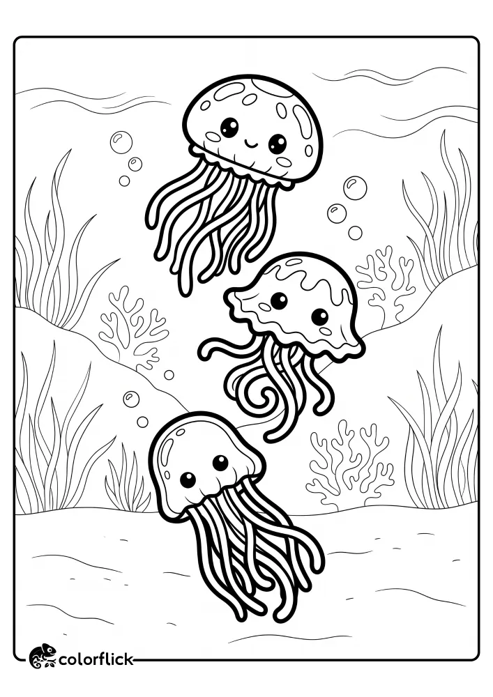 A printable coloring page for kids featuring three smiling jellyfish with large eyes swimming in a vertical line through a seagrass and coral reef under the sea with bubbles. This free printable coloring sheet is designed for early learners to practice fine motor skills.