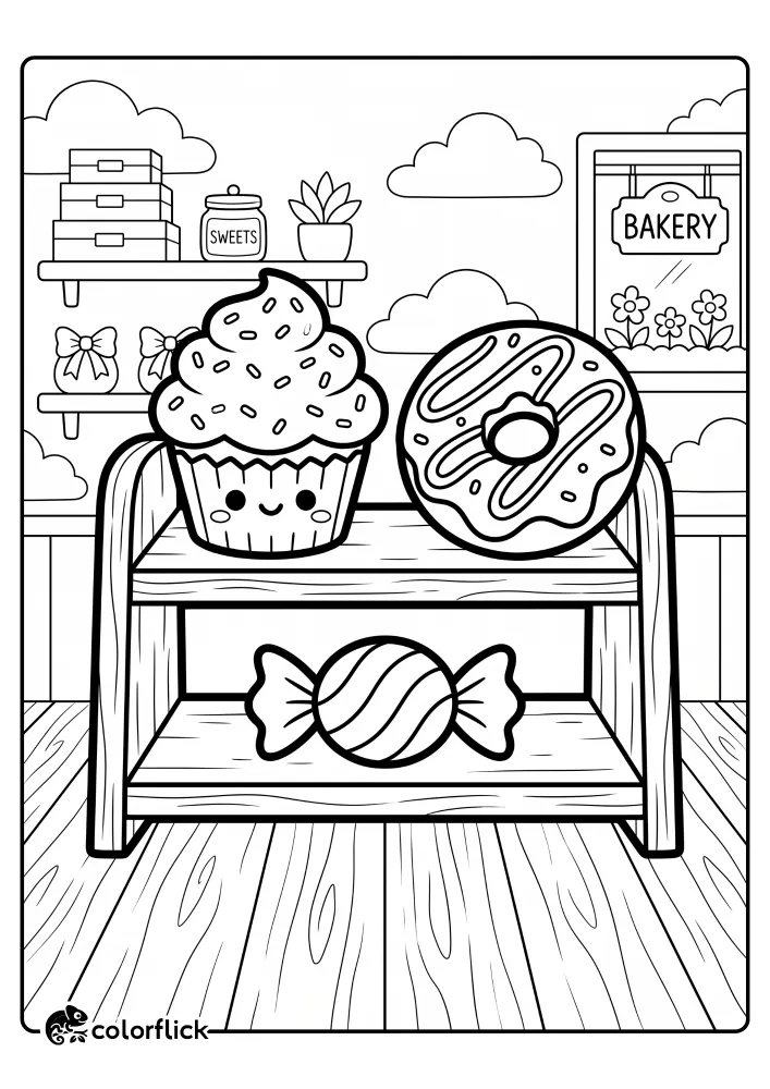 A sweet printable coloring page for kids featuring a tiered wooden bakery stand. On the stand are a smiling cupcake, a decorated donut with sprinkles, and a wrapped candy. The background shows a bakery interior. Easy-to-color for little ones.